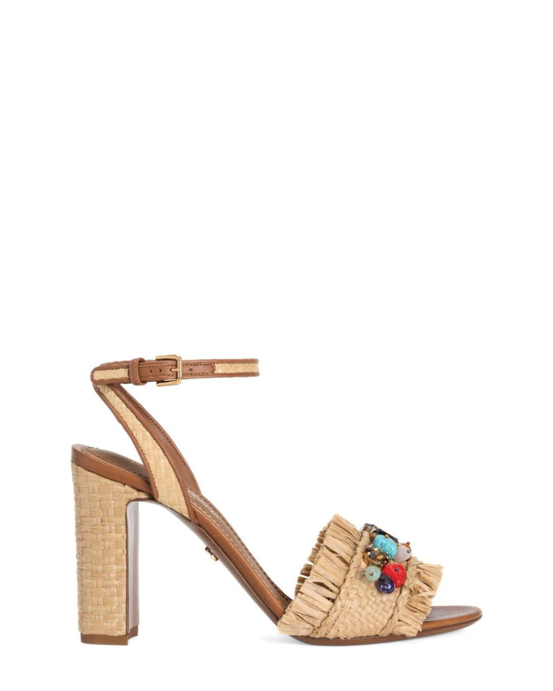 DOLCE & GABBANA Frayed Sandal with Rhinestone Embroidery - Beige