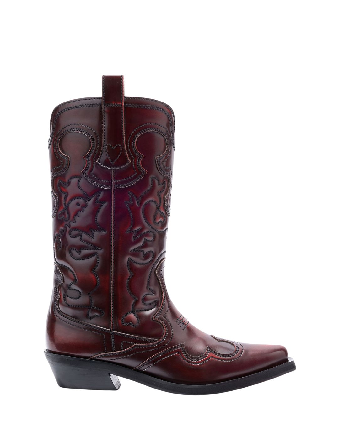 GANNI Mid Shaft Embroidered Western Boots - Burgundy