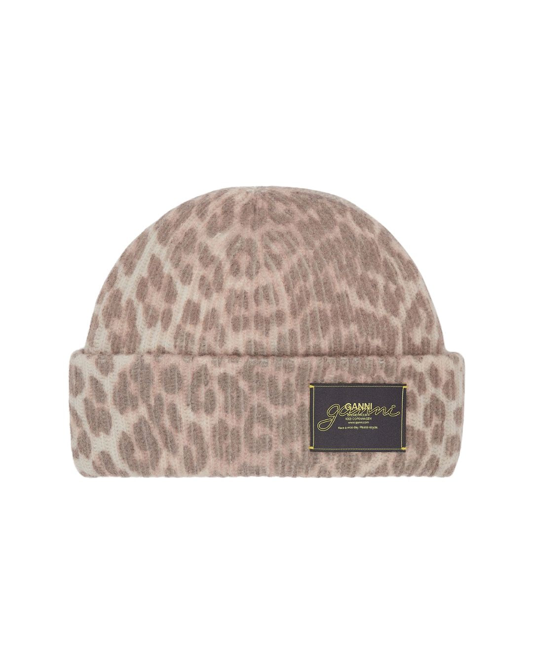 GANNI Oversized Wool Rib Knit Beanie - Leopard