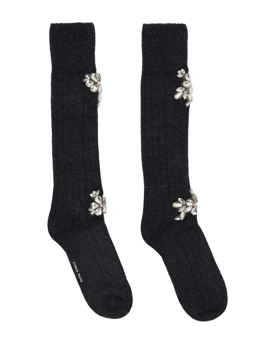 SIMONE ROCHA Embellished Rose Knee Socks - Charcoal/Pearl/Clear